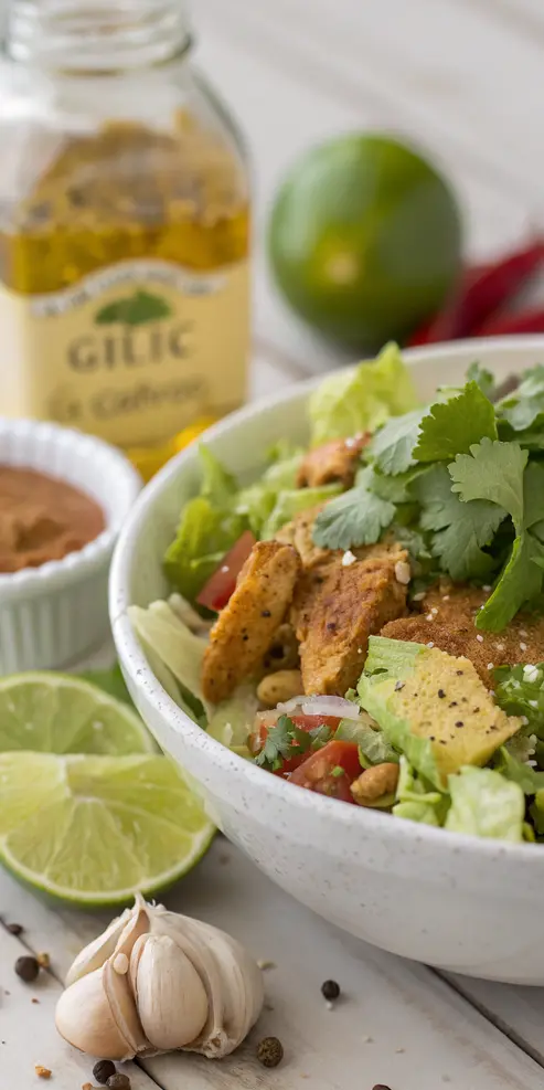 Homemade taco salad dressing in a glass jar with fresh ingredients surrounding it