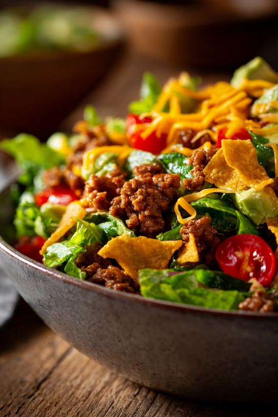 Traditional Taco Salad Recipe with seasoned ground beef and fresh vegetables