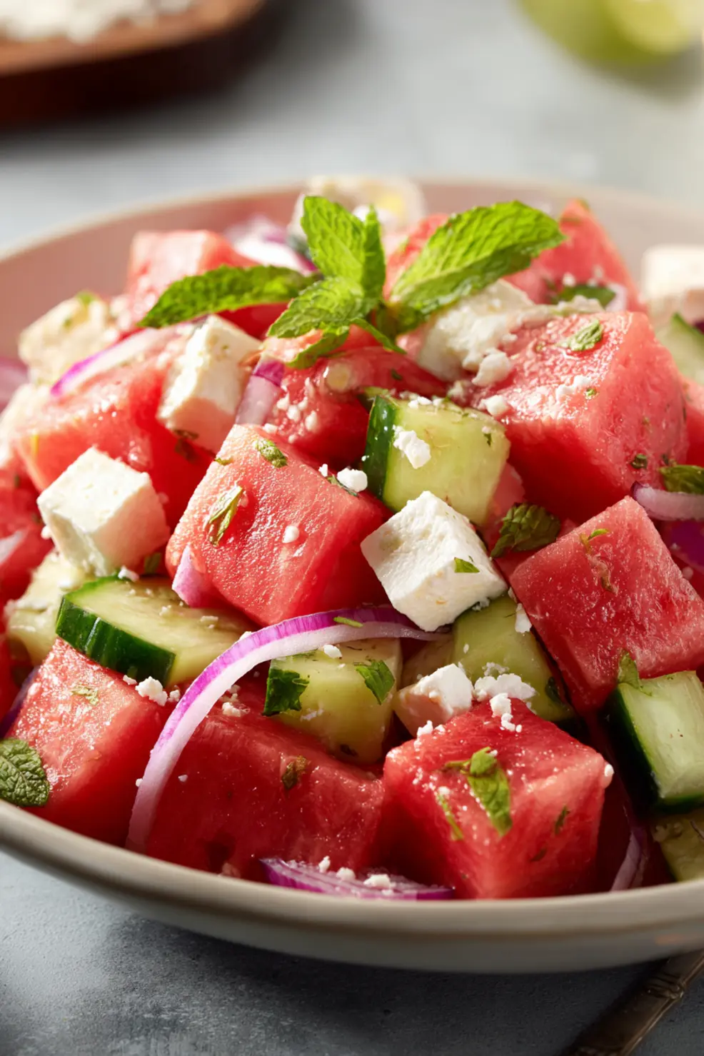Watermelon salad with feta cheese and mint being served on a table with summer place settings