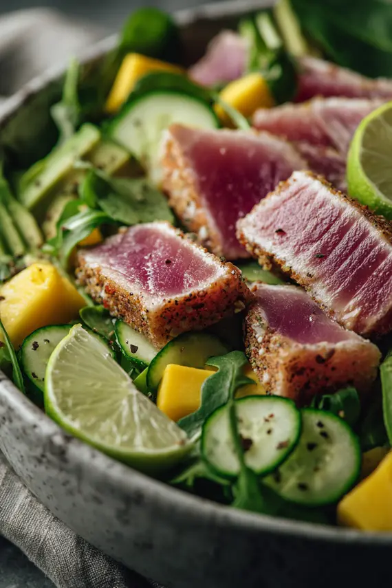 Plated ahi tuna salad with sliced tuna arranged on top of greens, mango and avocado