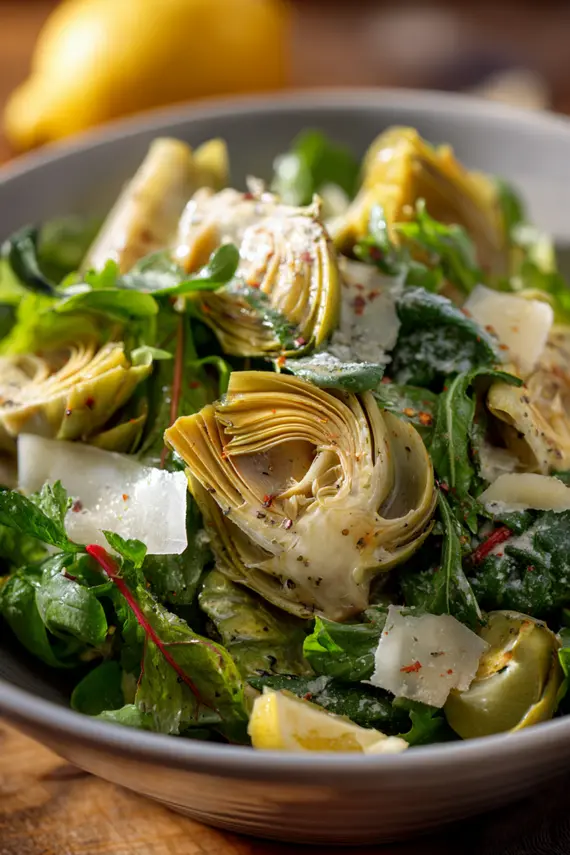 Artichoke salad served in a white bowl with lemon wedges on the side