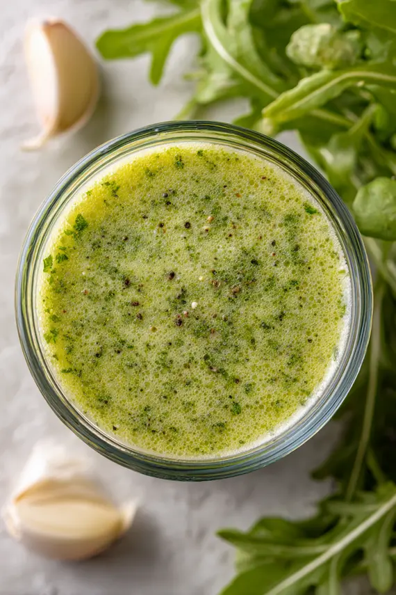 Homemade arugula salad dressing in a glass bottle with fresh arugula leaves and lemon slices