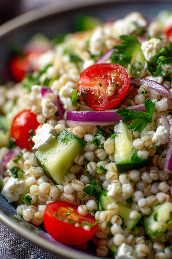 Mediterranean barley salad served in a white bowl with herbs garnish