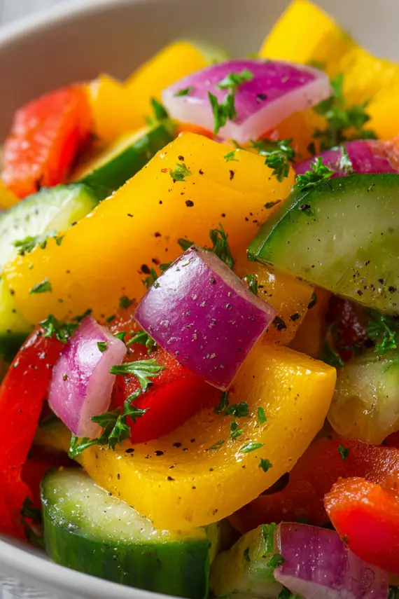 Vibrant bell pepper salad with cucumber and red onion in a white bowl