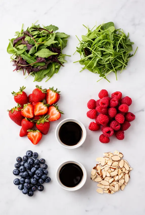 Ingredients for fresh berry salad laid out on a wooden cutting board