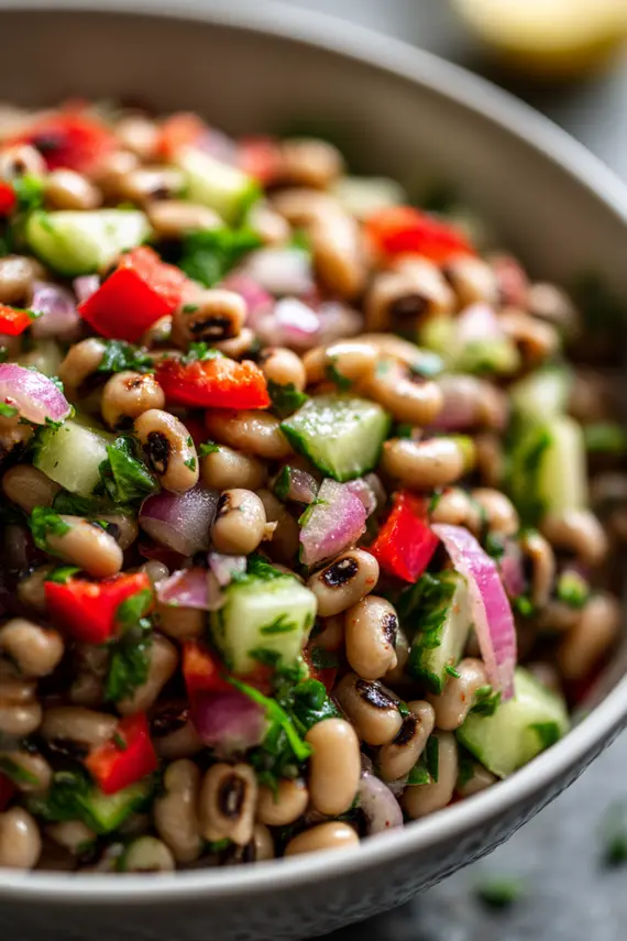 Black eyed pea salad served in a white bowl showing the vibrant mix of black-eyed peas with colorful vegetables and herbs
