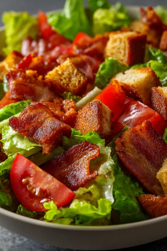 Finished BLT salad in a white bowl showing the colorful layers of bacon, lettuce, tomatoes, and creamy dressing