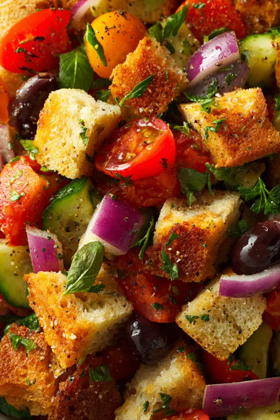 Finished bread salad served in a rustic bowl showing colorful vegetables mixed with toasted bread cubes and fresh herbs