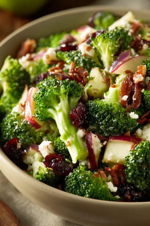 A bowl of fresh broccoli apple salad ready to serve with visible chunks of apple, broccoli, and feta cheese