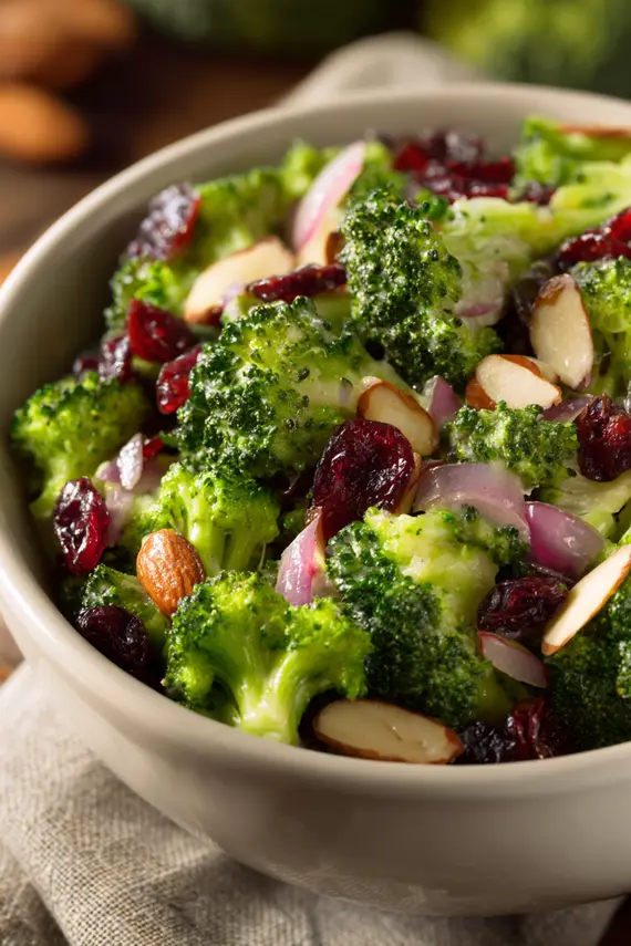 Prepared broccoli cranberry salad in a serving bowl showing vibrant colors and textures