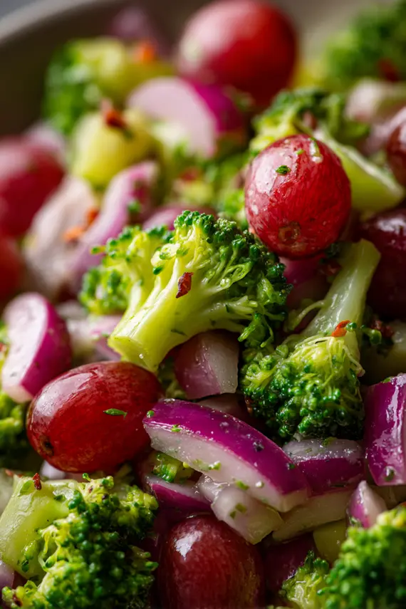 Bowl of finished broccoli grape salad showing the vibrant mix of green broccoli florets, red grapes, bell peppers, and crumbled feta cheese with a honey-lemon dressing