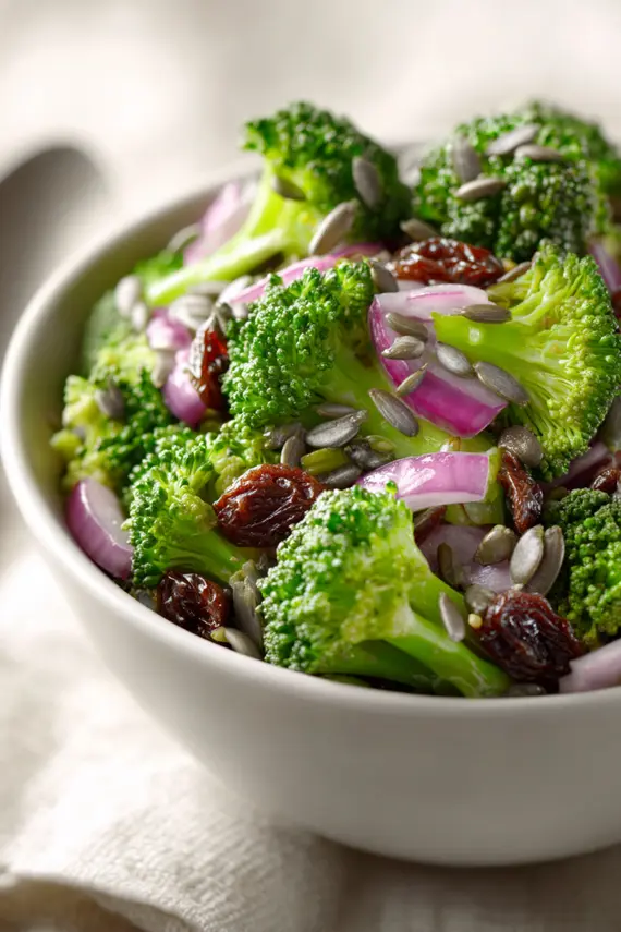 Prepared broccoli raisin salad in a serving bowl showing the vibrant green broccoli, golden raisins, and red onion pieces