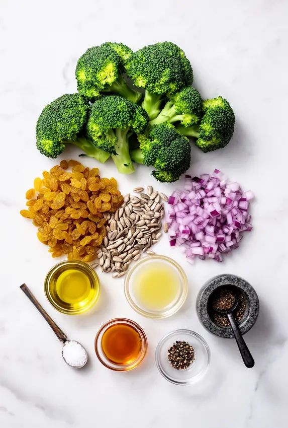 Fresh ingredients for broccoli raisin salad including broccoli florets, golden raisins, red onion, and sunflower seeds