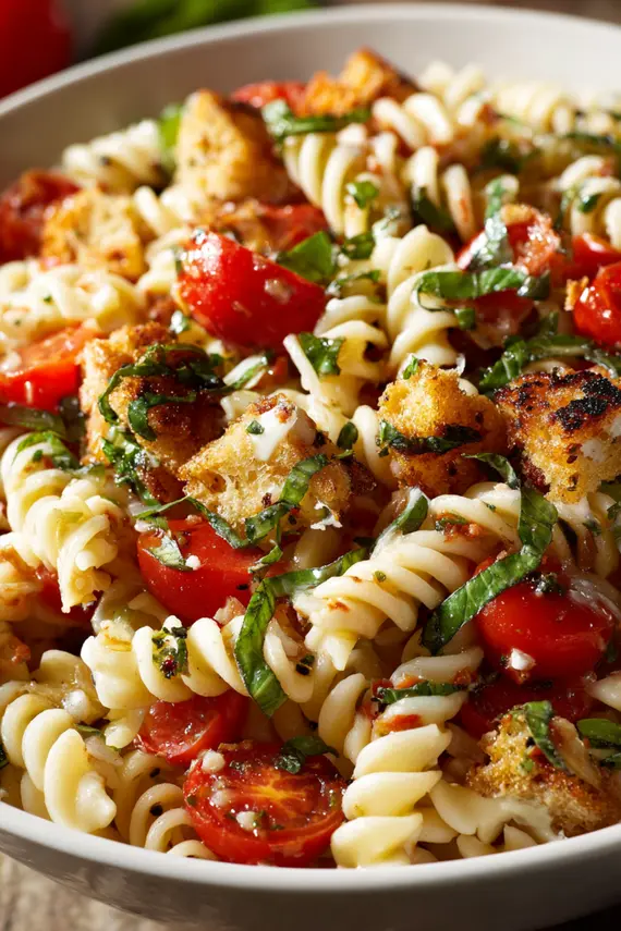 Finished bruschetta pasta salad in a serving bowl with fresh basil garnish