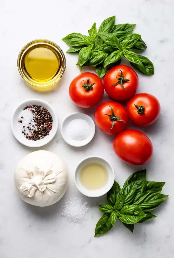 Ingredients for Burrata Caprese Salad including burrata cheese, tomatoes, and fresh basil