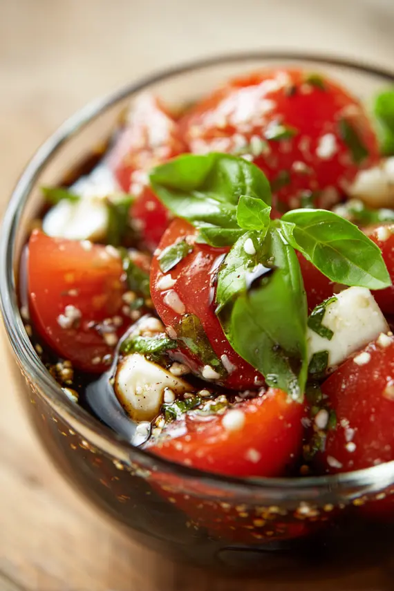 Homemade caprese salad dressing in a glass jar with fresh basil and cherry tomatoes