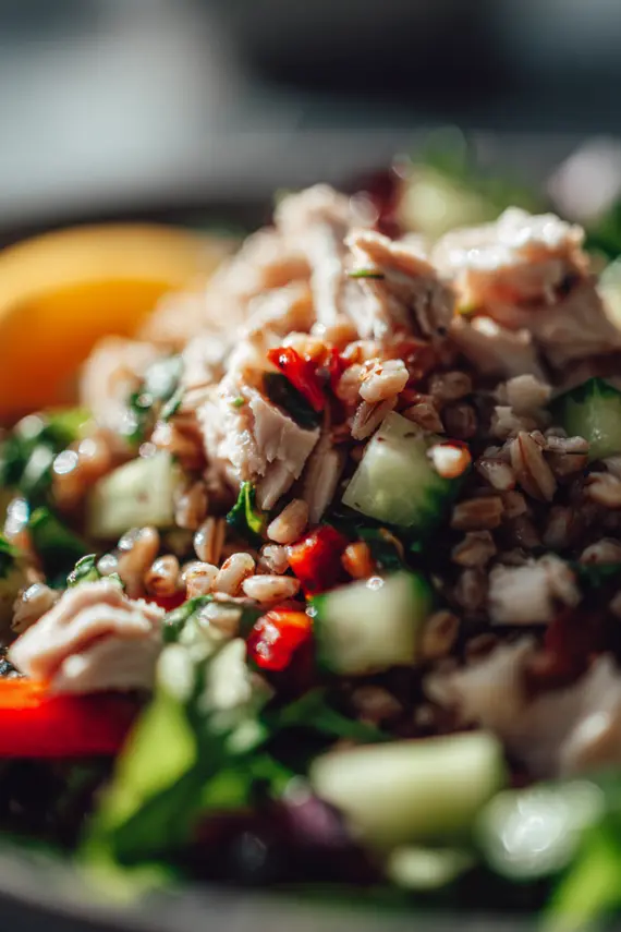 Charlie Bird farro salad served in a white bowl with fresh herbs and lemon wedges