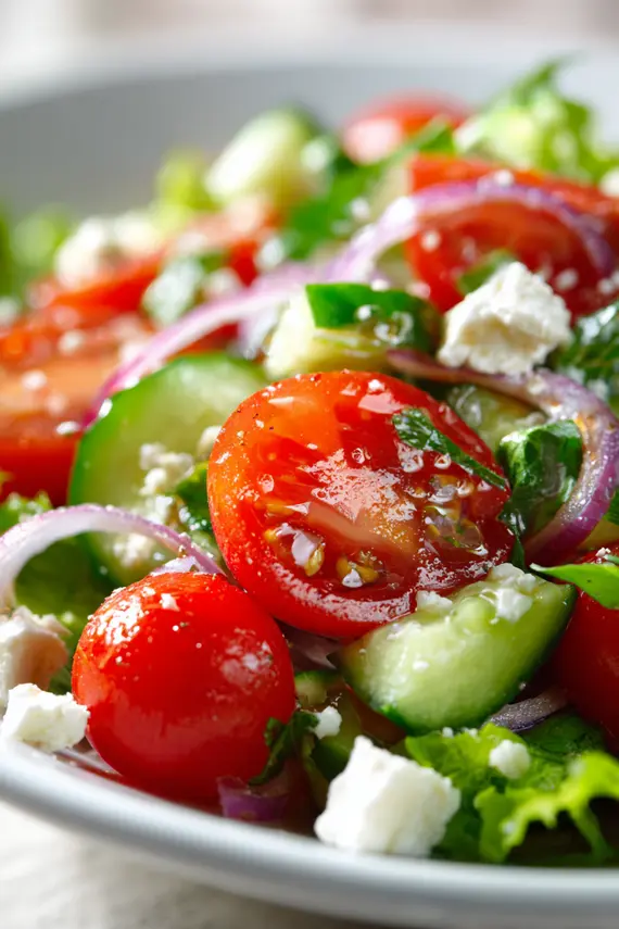 Finished cherry tomato salad served in a white bowl, showing vibrant colors of red tomatoes, green cucumber, purple onion, and white feta cheese