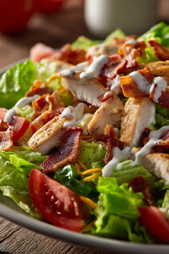 Chicken bacon ranch salad served in a white bowl with a fork