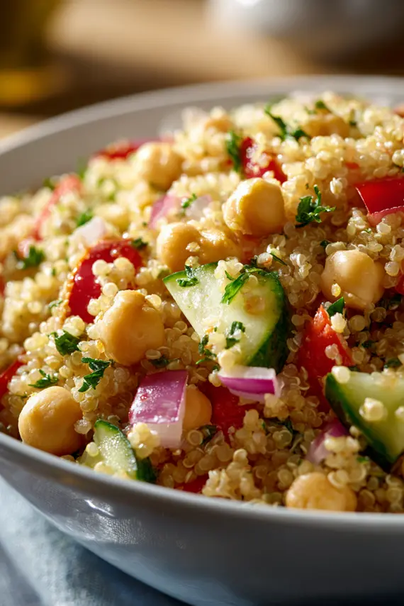 Chickpea quinoa salad in a meal prep container