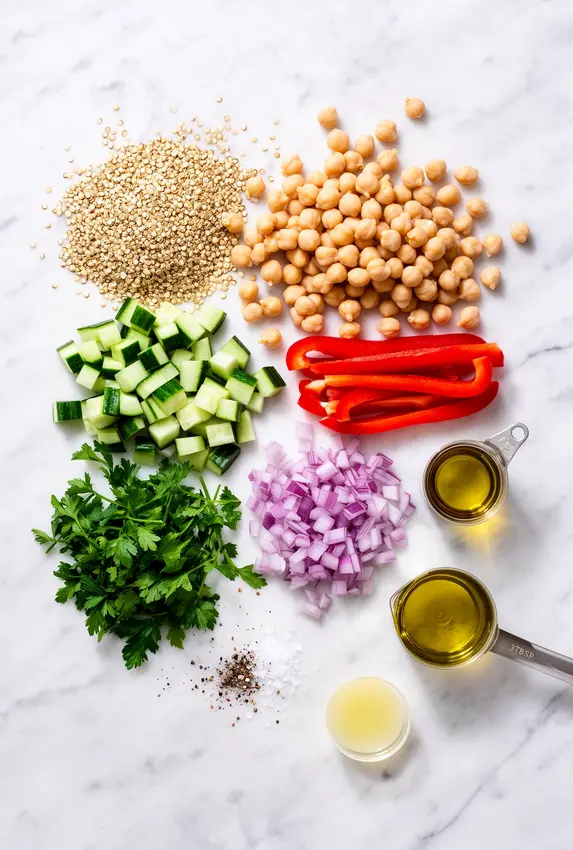 Ingredients for chickpea quinoa salad laid out on a counter