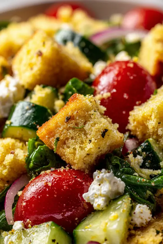 Finished cornbread salad recipe served in a white bowl garnished with fresh herbs