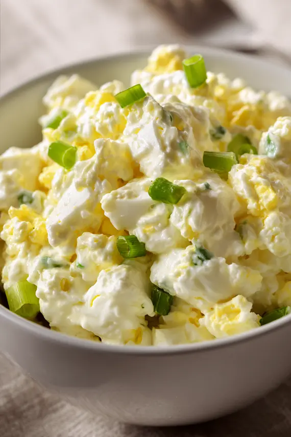 Creamy cottage cheese egg salad served in a white bowl with crackers on the side