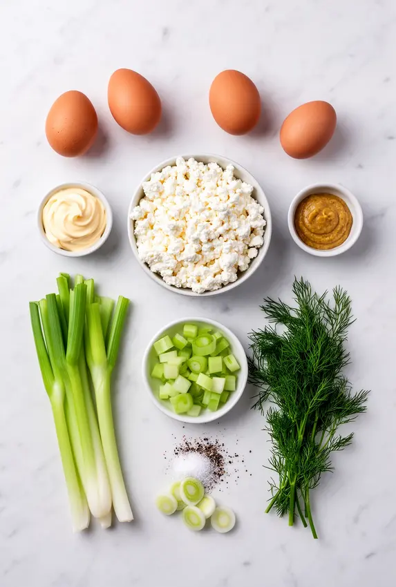 Ingredients for cottage cheese egg salad laid out on a wooden cutting board