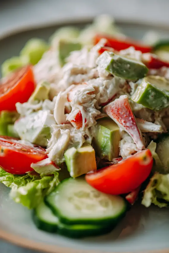Beautifully plated crab louie salad with fresh crab meat and colorful vegetables arranged on a white plate