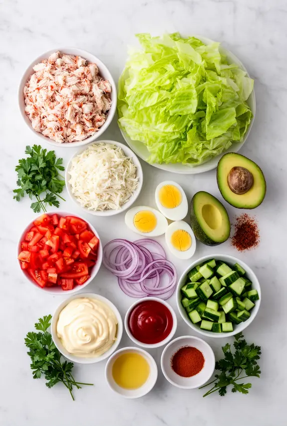 Fresh ingredients for crab louie salad recipe including crab meat, vegetables, and dressing components on a wooden cutting board