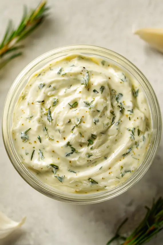 Homemade creamy salad dressing in a glass jar with herbs