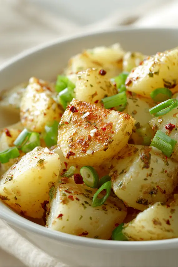 Crispy potato salad with golden roasted potatoes and herbs in a serving bowl