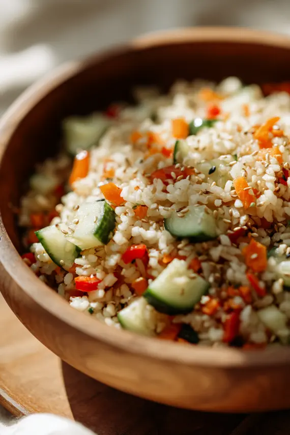 Finished crispy rice salad recipe served in a white bowl with lime wedges and chopsticks on the side