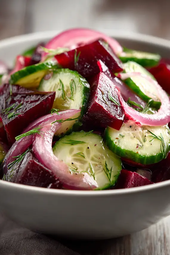 Beautifully plated cucumber beet salad in a white bowl with fresh herbs garnish