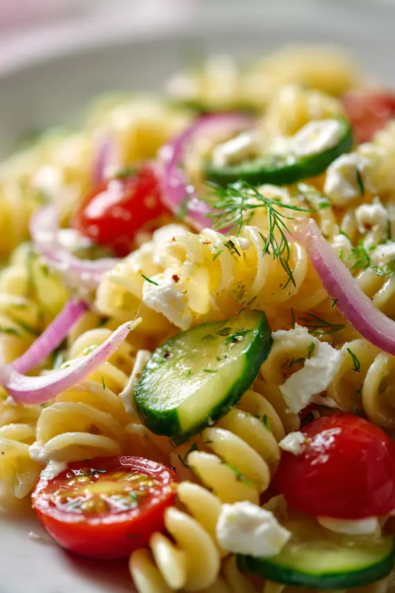Finished cucumber pasta salad in a serving bowl with a serving spoon, showing the vibrant mix of pasta, cucumbers, tomatoes, and herbs