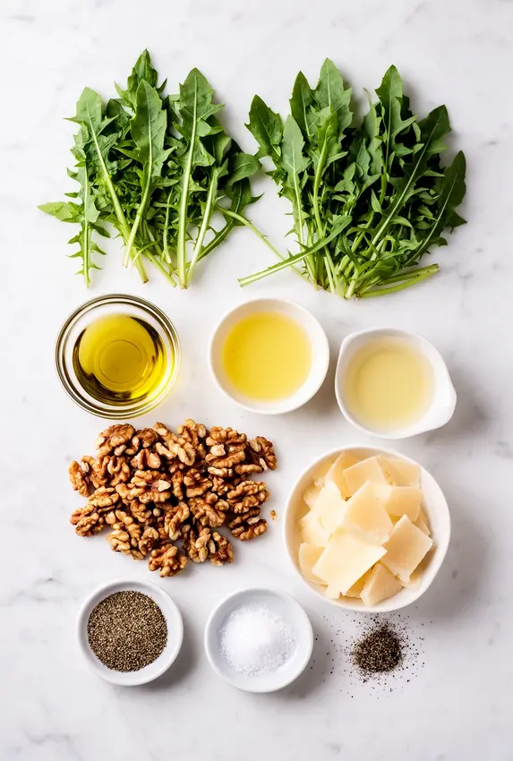 Fresh ingredients for dandelion salad including greens, walnuts, and Parmesan