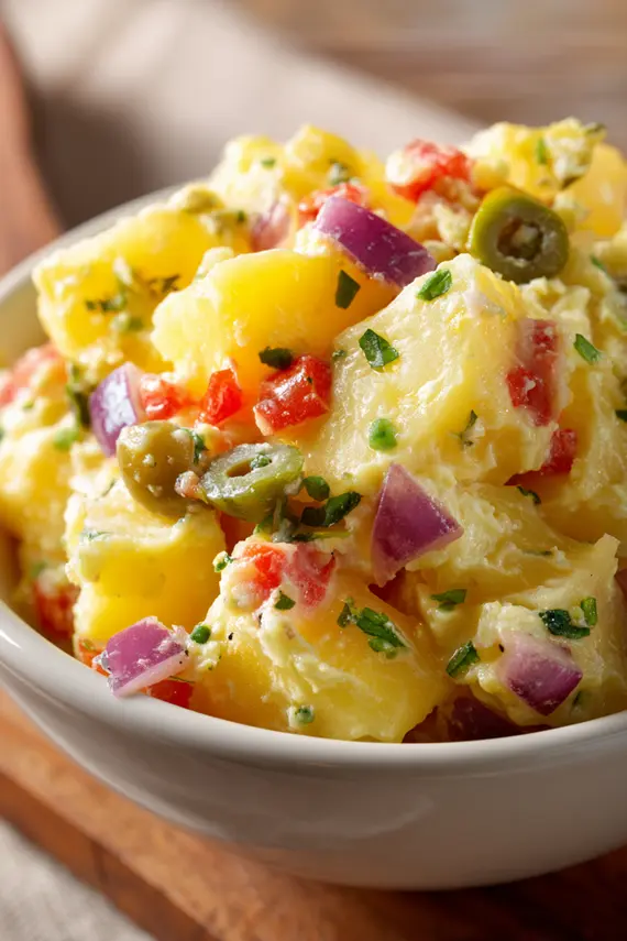 A white bowl of finished Dominican potato salad garnished with fresh cilantro and sliced olives, showing its creamy texture and colorful vegetables