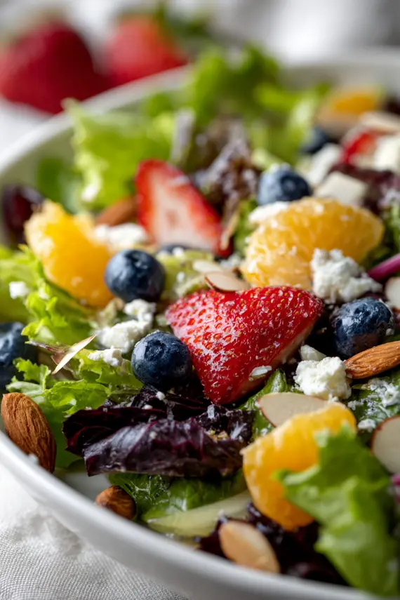 A beautifully plated Easter salad with colorful berries, orange segments, and feta cheese on a white plate with a fork