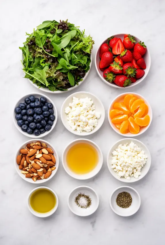 Fresh ingredients for Easter salad including mixed greens, berries, oranges, almonds and feta cheese arranged on a wooden cutting board