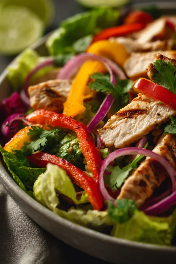 A beautifully arranged fajita salad in a white bowl, showing colorful layers of lettuce, grilled chicken strips, vibrant bell peppers, red onions, and avocado slices with a lime wedge garnish