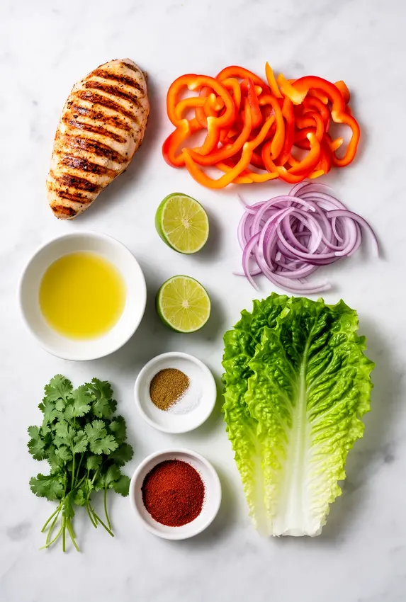 Ingredients for fajita salad arranged on a wooden cutting board, including sliced bell peppers, red onion, chicken breast, romaine lettuce, lime, and spices
