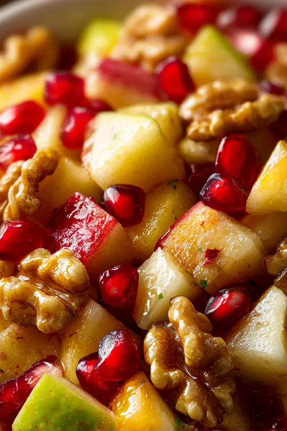 Fall fruit salad served in a white bowl with a spoonful being lifted