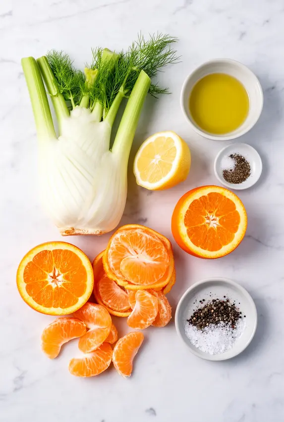 Ingredients for fennel and orange salad displayed on a wooden cutting board including sliced fennel bulbs, orange segments, olive oil, and fresh herbs