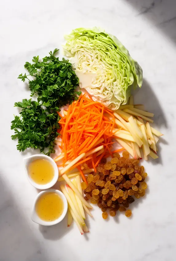 Ingredients for fluff salad laid out on a wooden cutting board