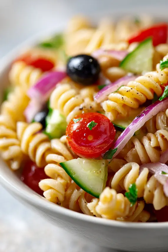 Gluten free pasta salad served in a white bowl with fresh herbs sprinkled on top