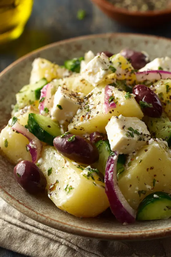 Greek potato salad with feta cheese, olives, and fresh herbs in a white serving bowl