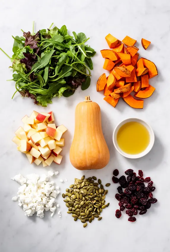 Fresh ingredients for making harvest salad including mixed greens, butternut squash, apples, goat cheese, and pumpkin seeds arranged on a wooden cutting board