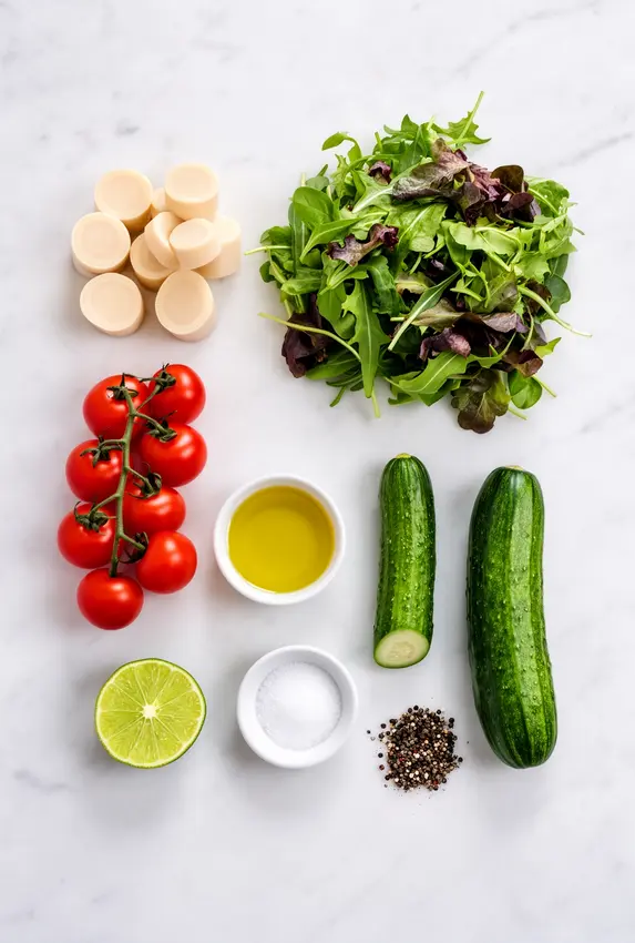 Ingredients for hearts of palm salad arranged on a wooden cutting board