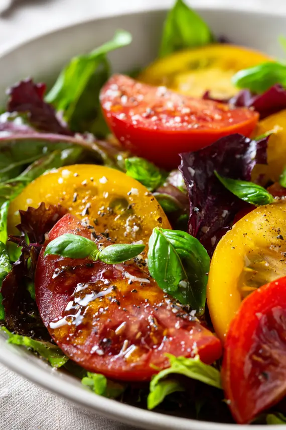 Finished heirloom tomato salad served on a white platter with basil garnish and balsamic drizzle