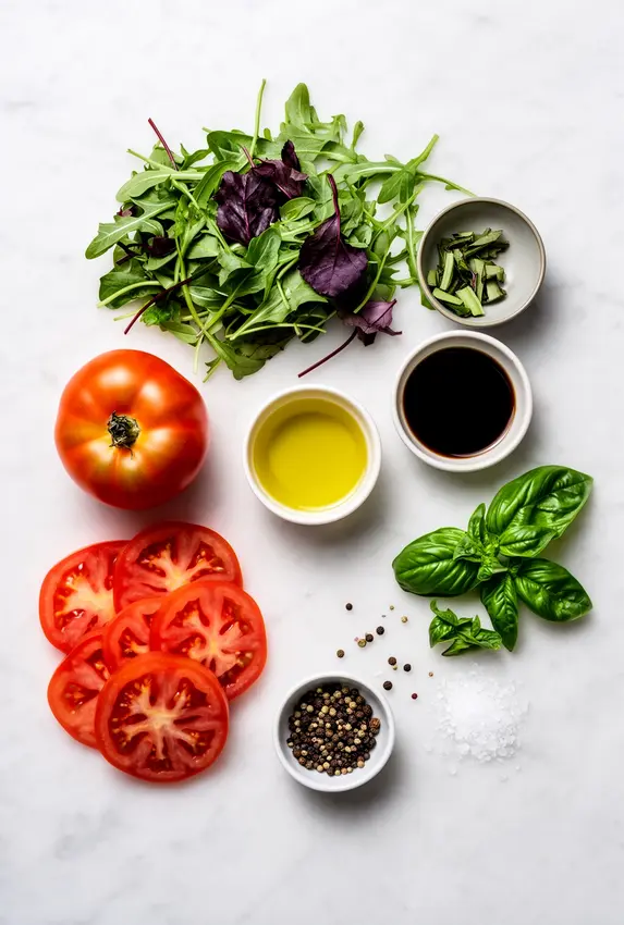 Fresh ingredients for heirloom tomato salad including colorful tomatoes, basil, and greens arranged on a wooden cutting board